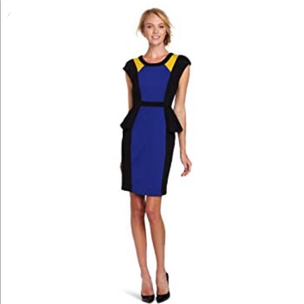 Yoana Baraschi Tri-Color Michelle Peplum Colorblock Sheath Mini Dress Black Blue